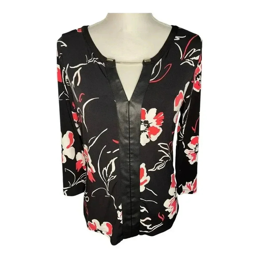 Calvin Klein Women’s Small Black Floral Gold Keyhole Bar‎ Blouse